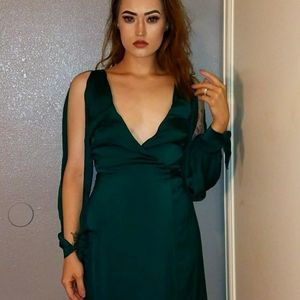 Tie Across Long Sleeve Silk Green Dress